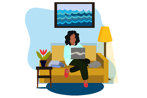Illustration of a woman sat on her sofa using a laptop